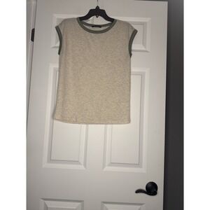 Pink Clover Cap Sleeve Tee Top Beige Heathered Green Trim Small